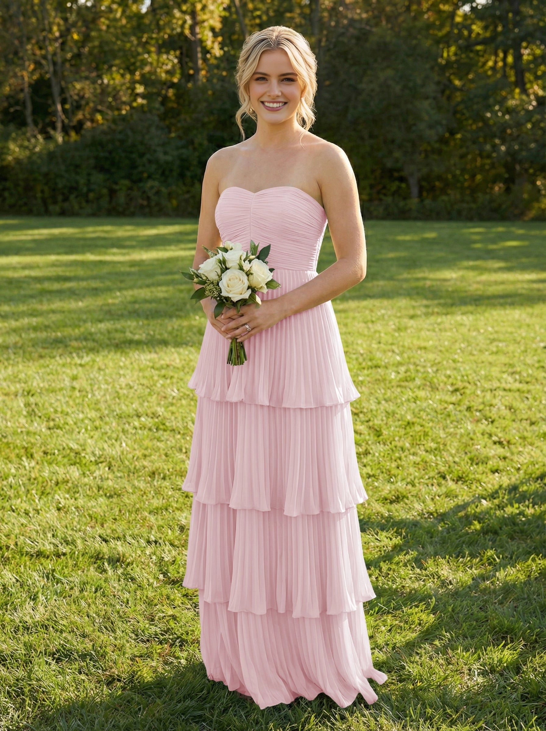 Elegant A‑Line Strapless Sweetheart Zip‑Back Pleated Tiered Long Bridesmaid Dress