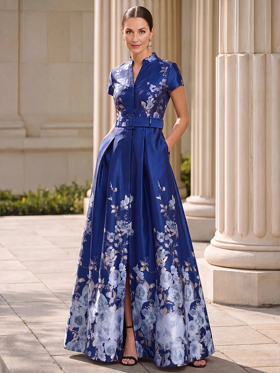 Elegant A‑Line Stand‑Collared Short‑Sleeve Zip‑Back Long Mother Of The Bride Dress