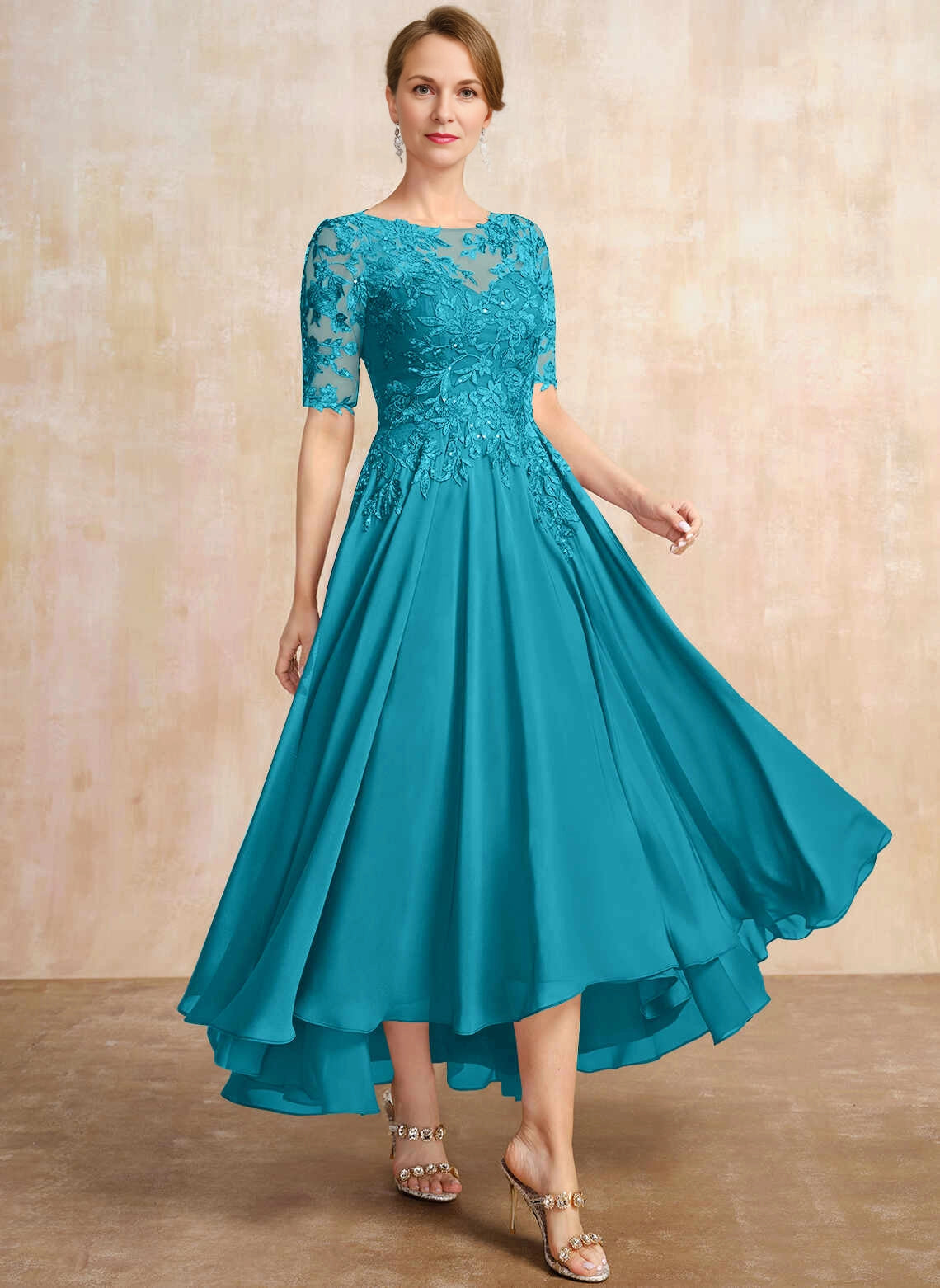 Romantic A‑Line Illusion Neck Half Sleeve Keyhole Back Hi‑Low Mother Of The Bride Dress