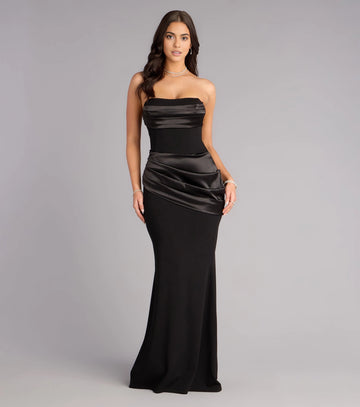 Vedress black strapless long prom dress satin wrap criss cross back mermaid evening gown