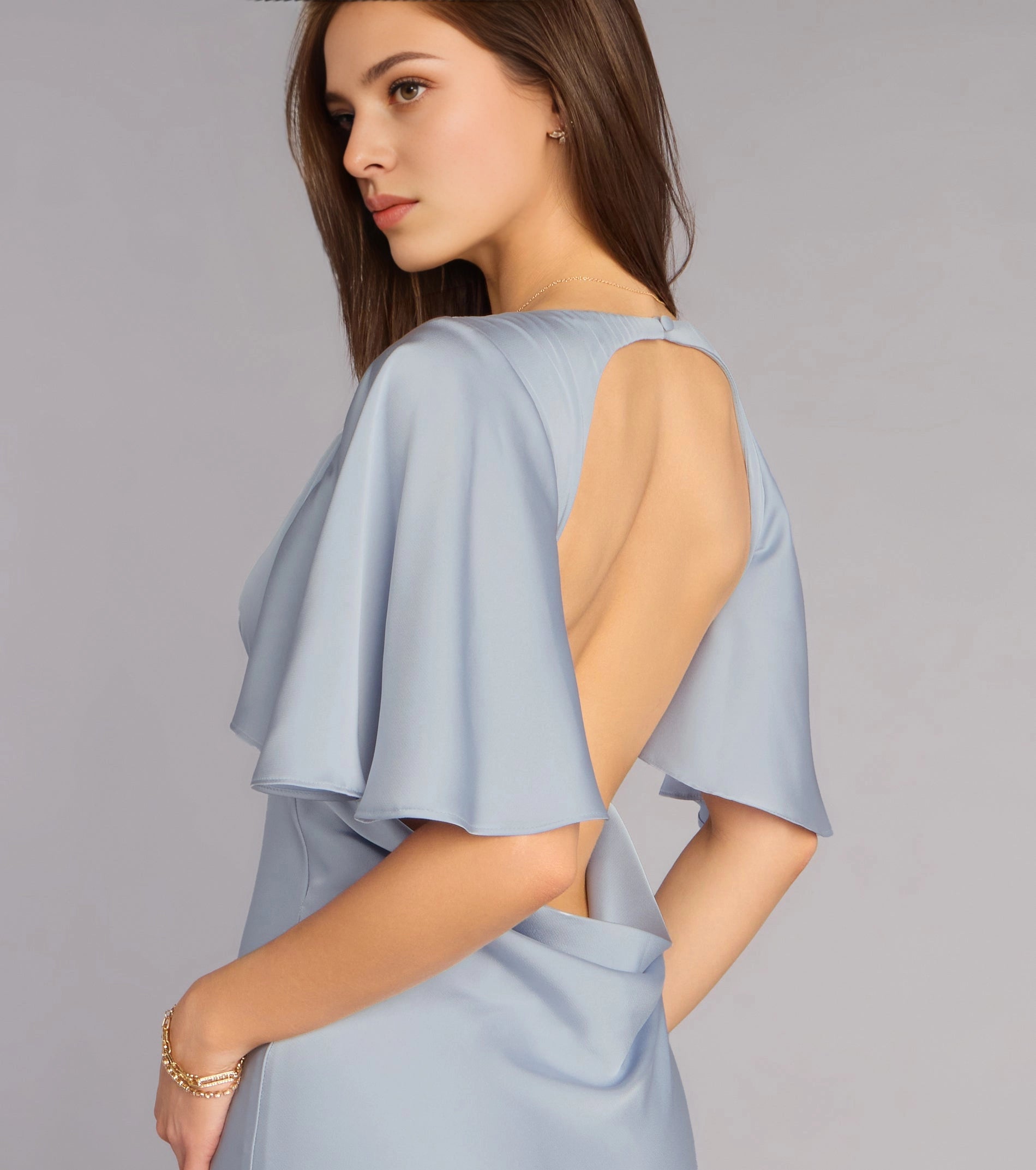 Vedress Mist Blue Deep V Flutter Sleeve Open Back Satin Mermaid Long Prom Dress