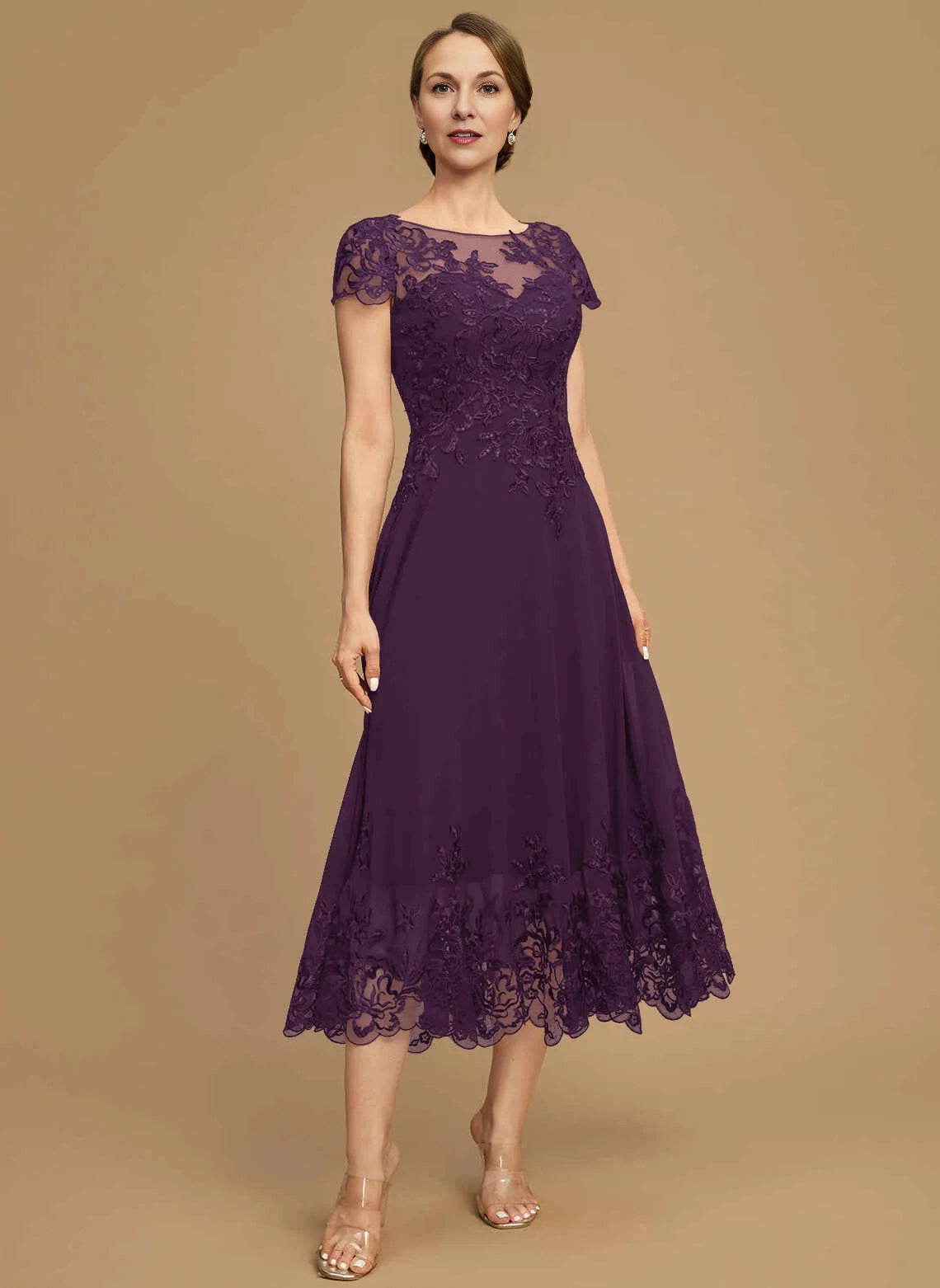 Classic A‑Line Illusion Neck Cap Sleeve Zipper Back Midi Mother Of The Bride Dress