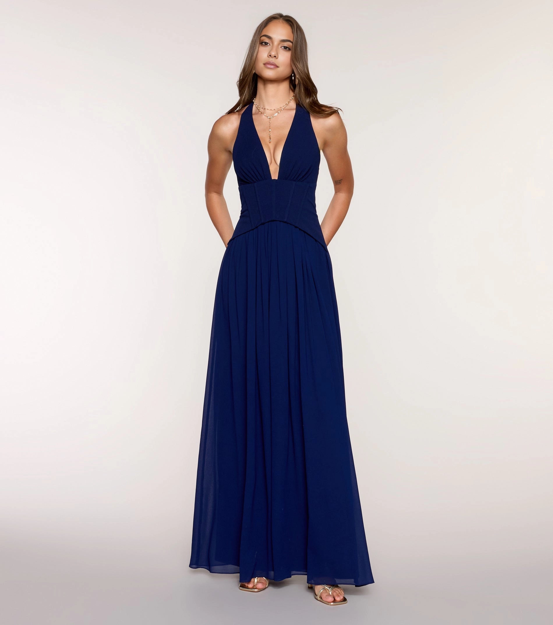 Vedress navy halter deep v long prom dress a-line chiffon gown with side pockets