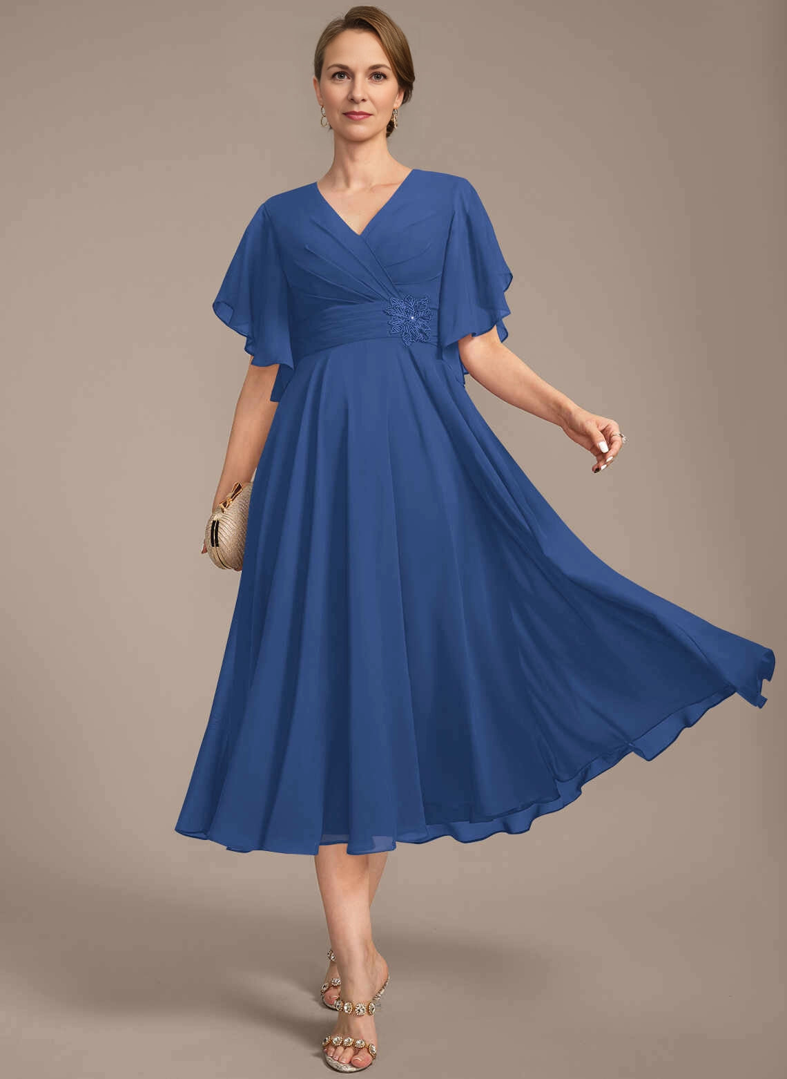 Modest A‑Line V‑Neck Flutter Sleeve Zipper Back Midi Mother Of The Bride Dress