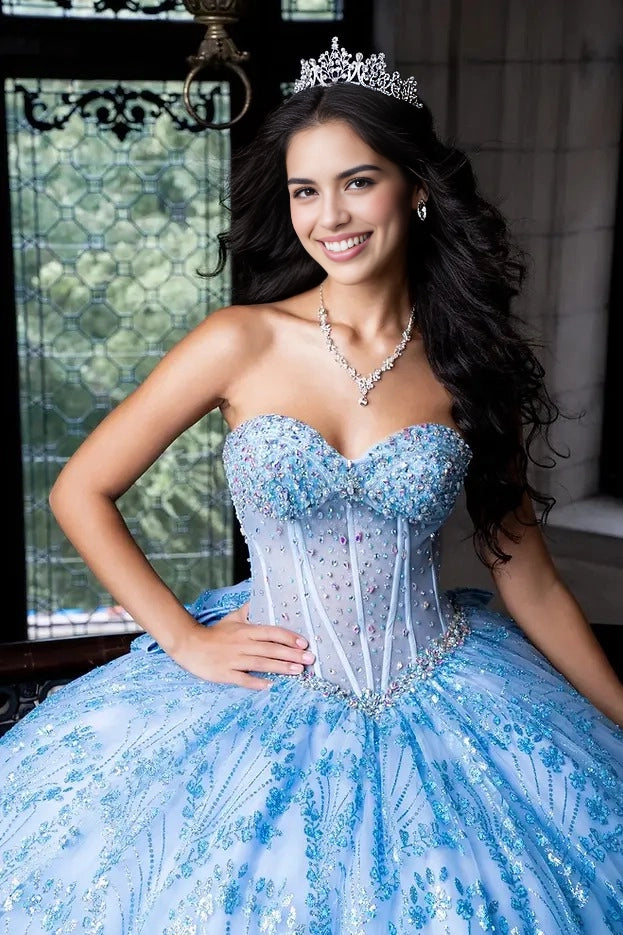 Beaded Ball Gown Sweetheart Chain Strap Corset Bow Train Quinceañera Dress