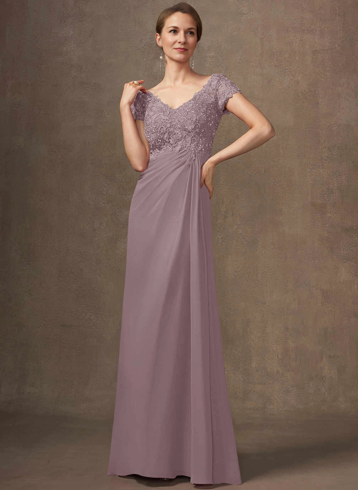 Elegant A‑Line V‑Neck Cap Sleeve Keyhole Back Floor‑Length Mother Of The Bride Dress