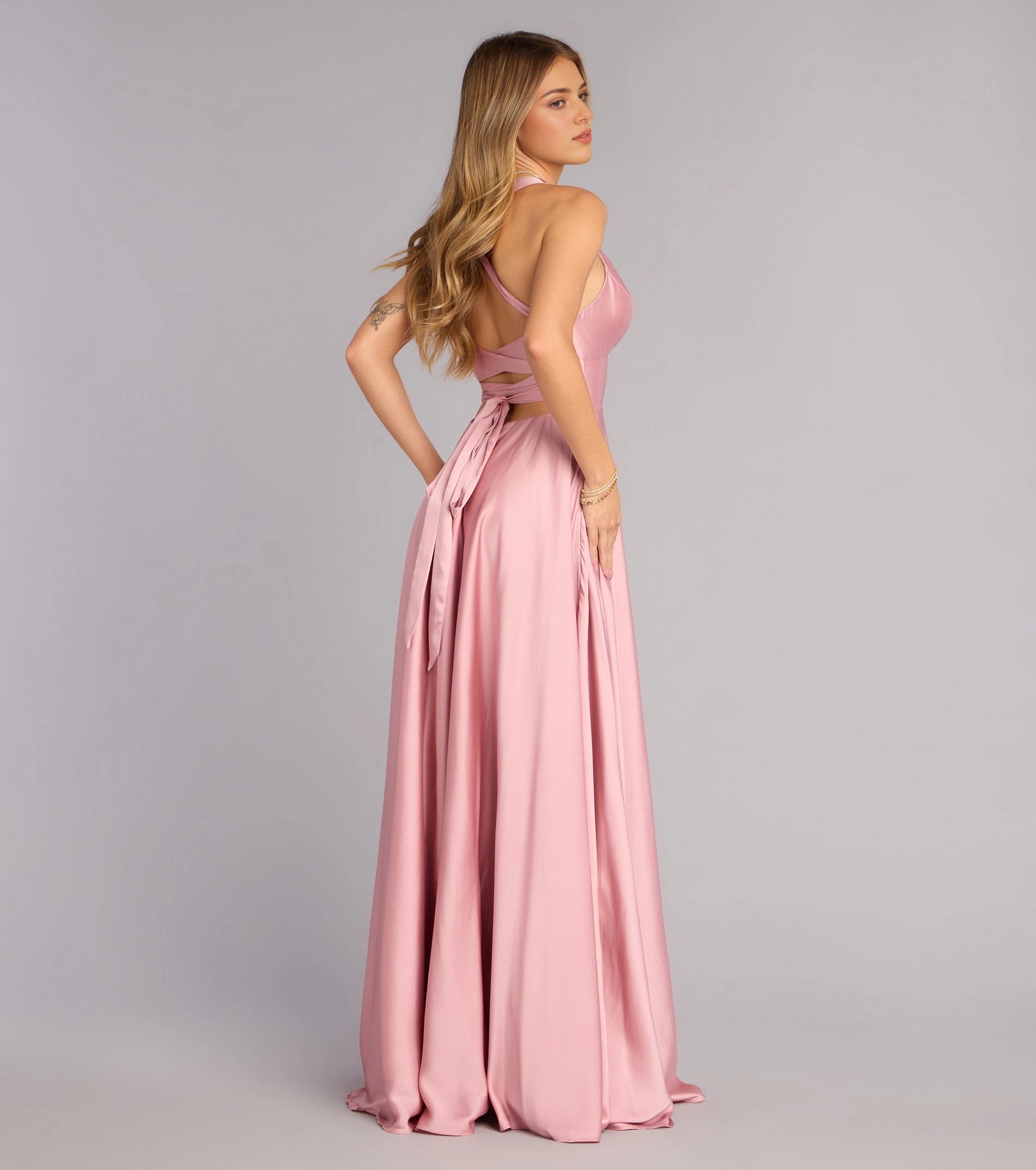 Navy A Line Halter Deep V Sleeveless Lace Up Back Slit Long Prom Dress