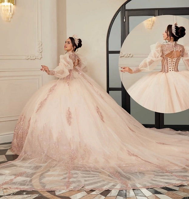 Ball Gown Puff Sleeve Corset Back Cape Train Quinceañera Dress