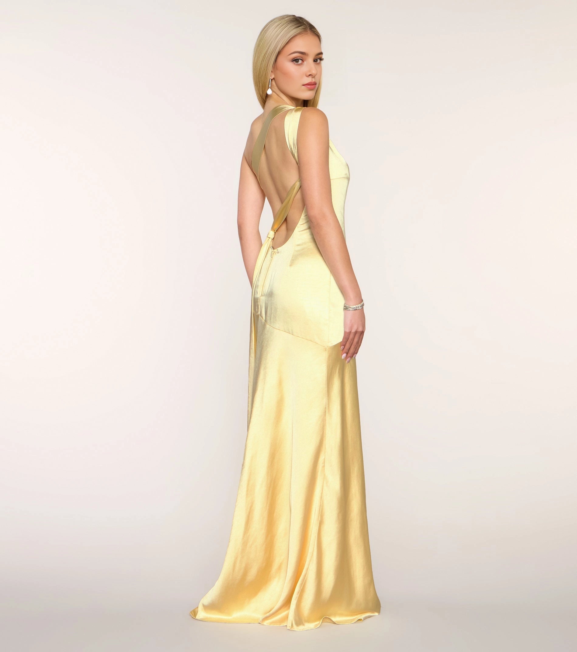 vedress butter yellow satin cross tie open back formal evening gown