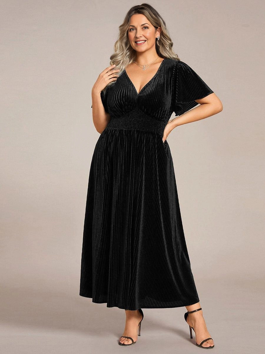 Rust‑Brown A‑Line V‑Neck Flutter‑Sleeve Plain‑Back Midi Mother Of The Bride Dress