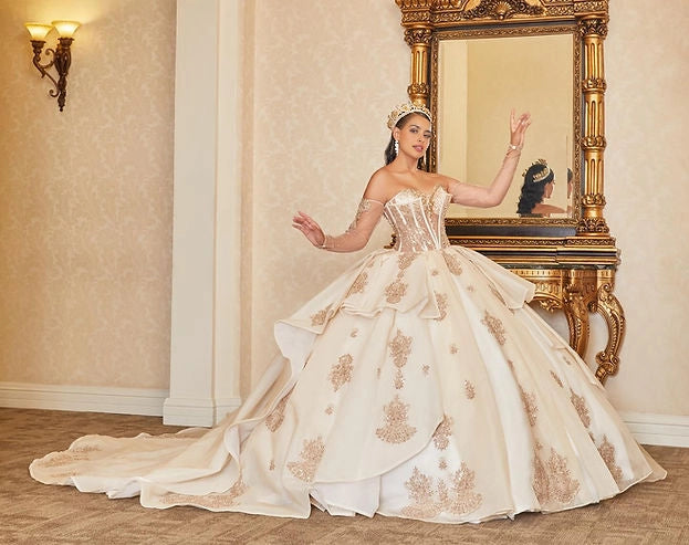 Ball Gown Sweetheart Long Sleeve Corset Bow Train Quinceañera Dress
