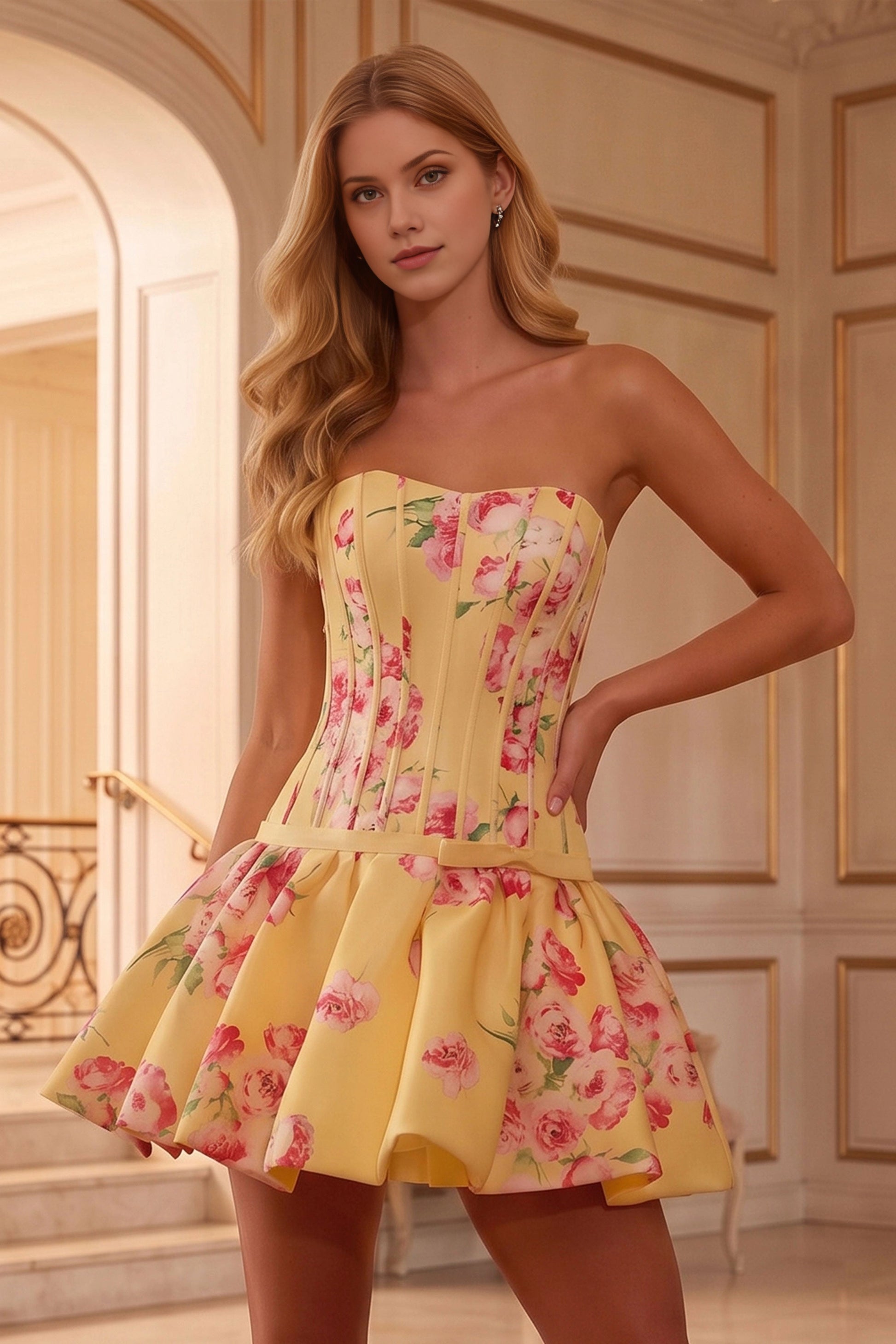 Floral Flared Strapless Zip Back Corset Mini Homecoming Dress
