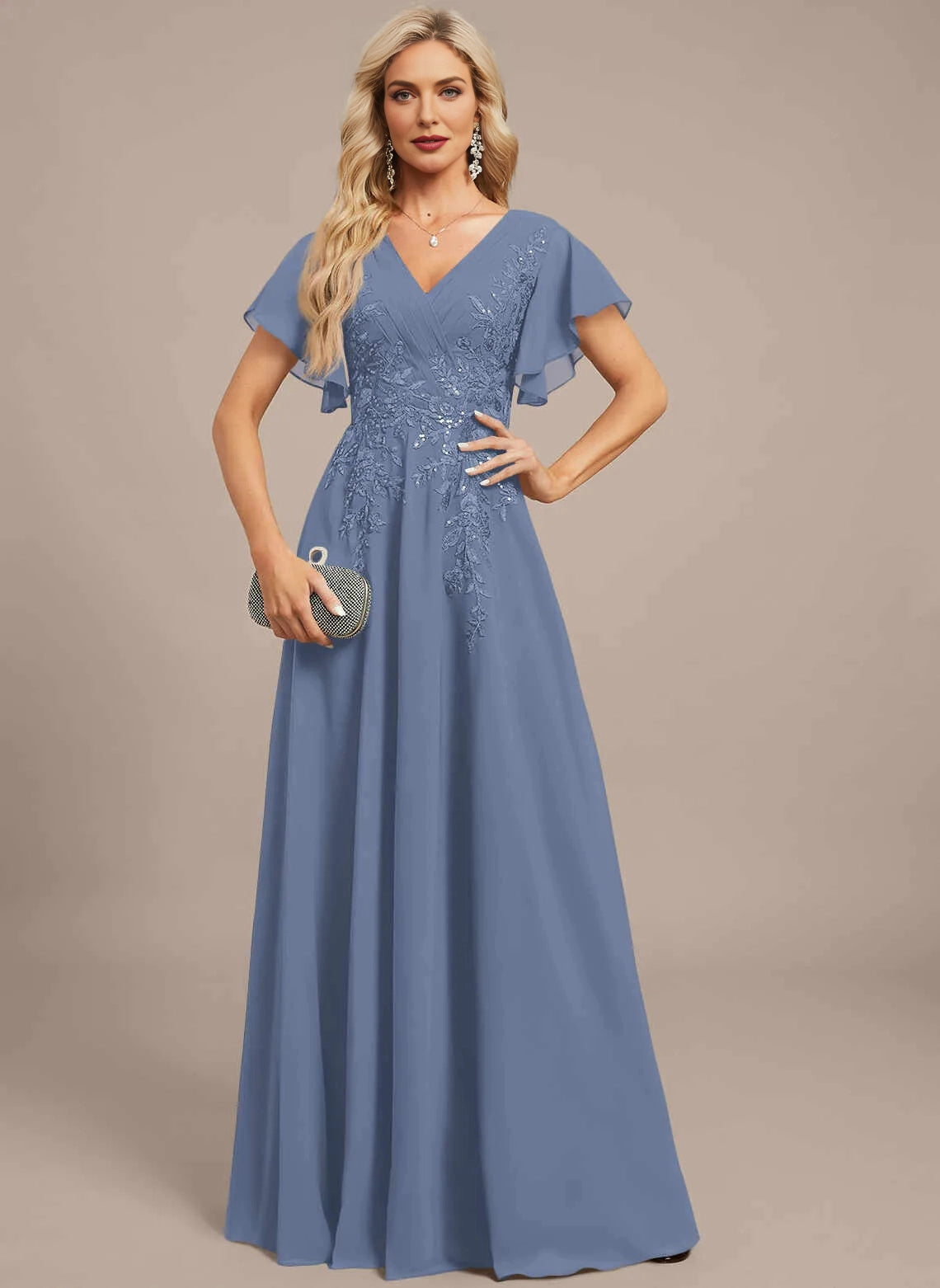Classic A‑Line V‑Neck Flutter Sleeve V‑Back Long Mother Of The Bride Dress