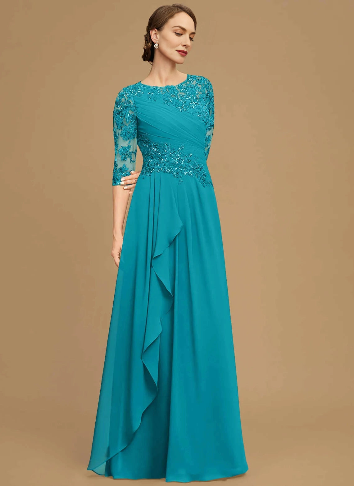 Classic A‑Line Round Neck 3/4 Sleeve Zipper Back Floor‑Length Mother Of The Bride Dress