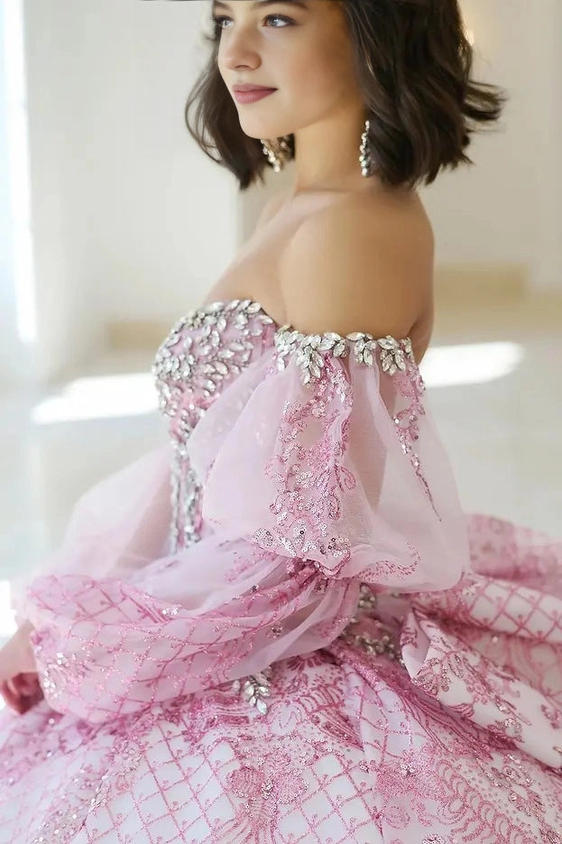 Ball Gown Strapless Sweetheart Detachable Puff Sleeves Glitter Lace Corset Back Big Bow Quinceanera Dress