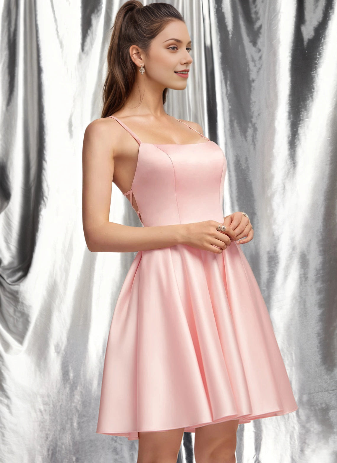 Satin Spaghetti Crisscross Back Square Neck Flared Mini Homecoming Dress
