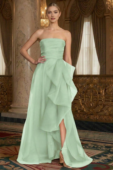 Vedress mint green strapless organza prom dress ruffle slit gown front view luxury palace hall