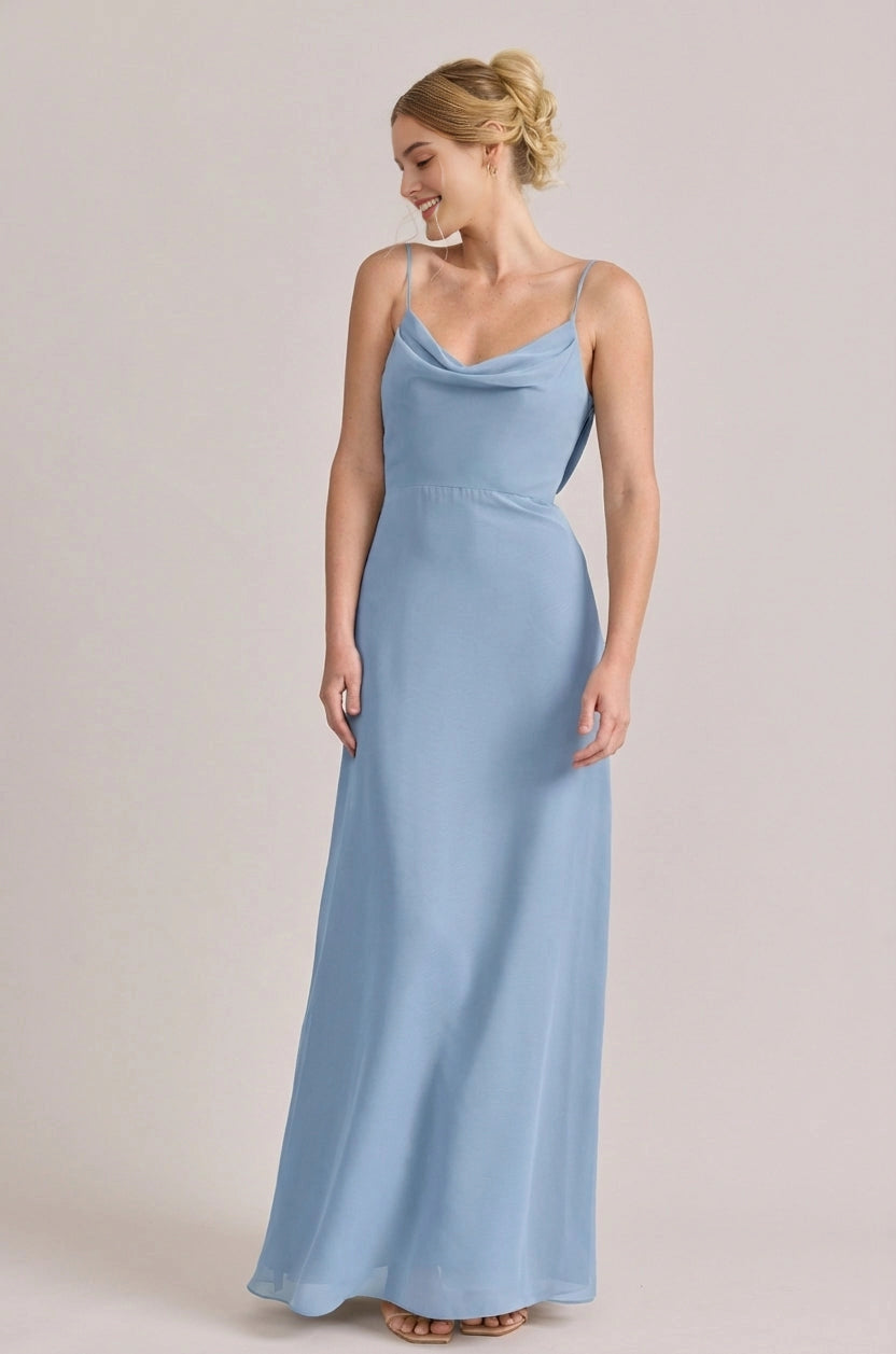 Soft A-Line Cowl Neck Sleeveless Cowl Back Maxi Bridesmaid Dress