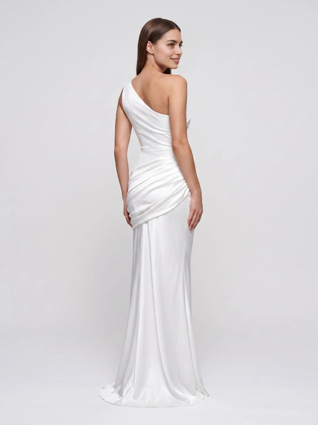 Light‑Blue Mermaid One‑Shoulder Open‑Back Draped Long Bridesmaid Dress