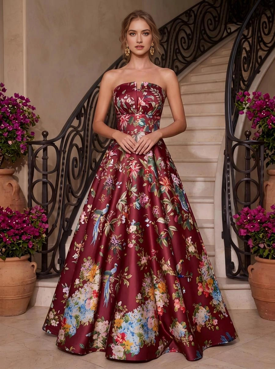 Bright Floral A‑Line Strapless Sleeveless Zip‑Back Floor‑Length Prom Dress 