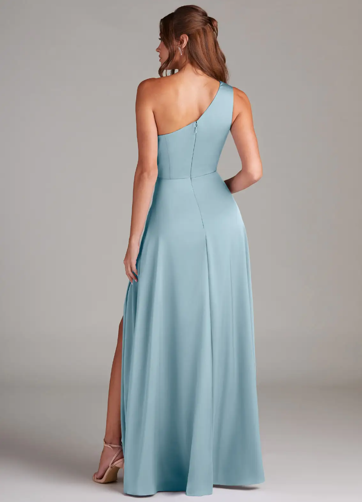 Elegant One-Shoulder Satin Evening Gown Party Wedding Guest Dresses with High Slit and Draped Waist Detail