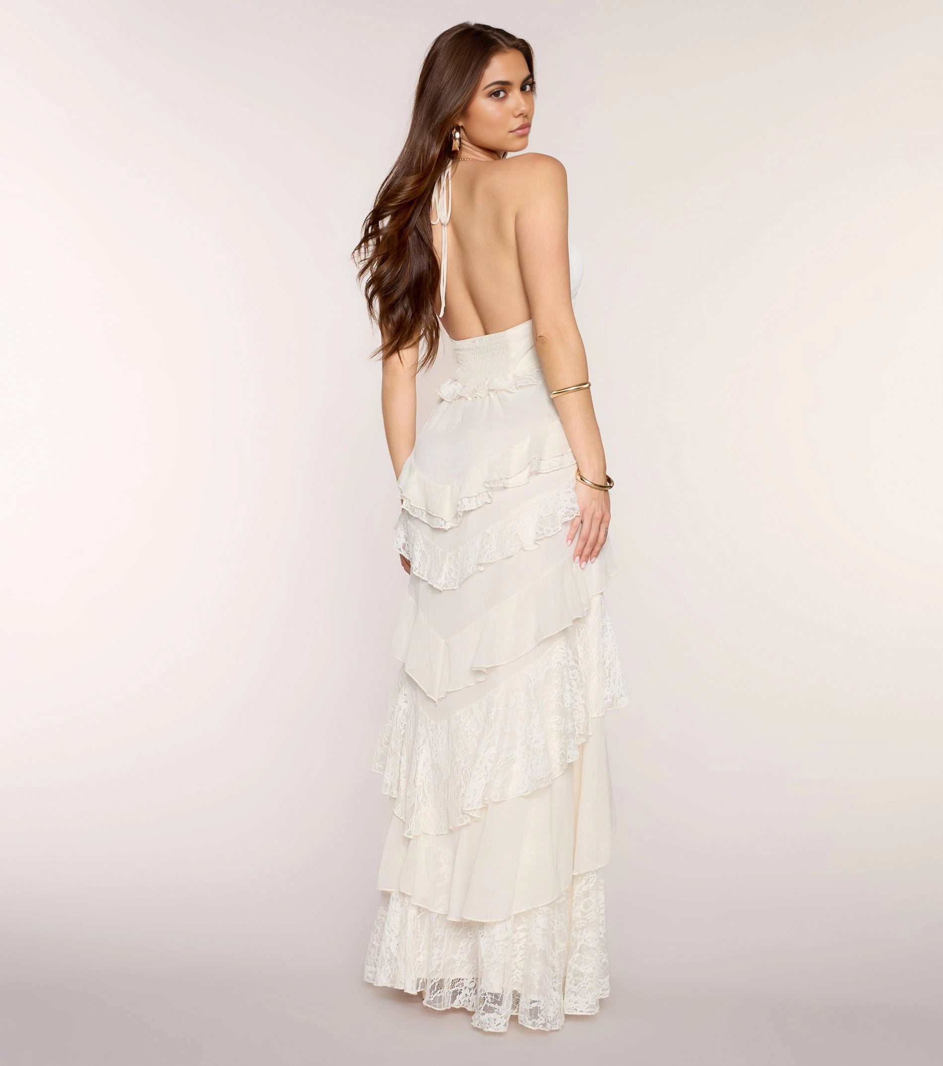 Vedress cream formal dress halter smocked tie open back layered lace long prom dress rear view