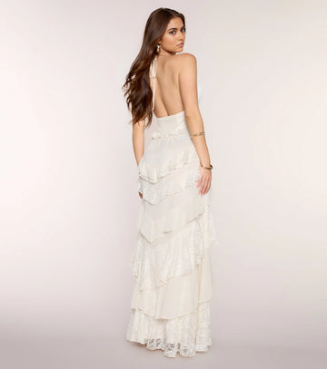 Vedress cream formal dress halter smocked tie open back layered lace long prom dress rear view