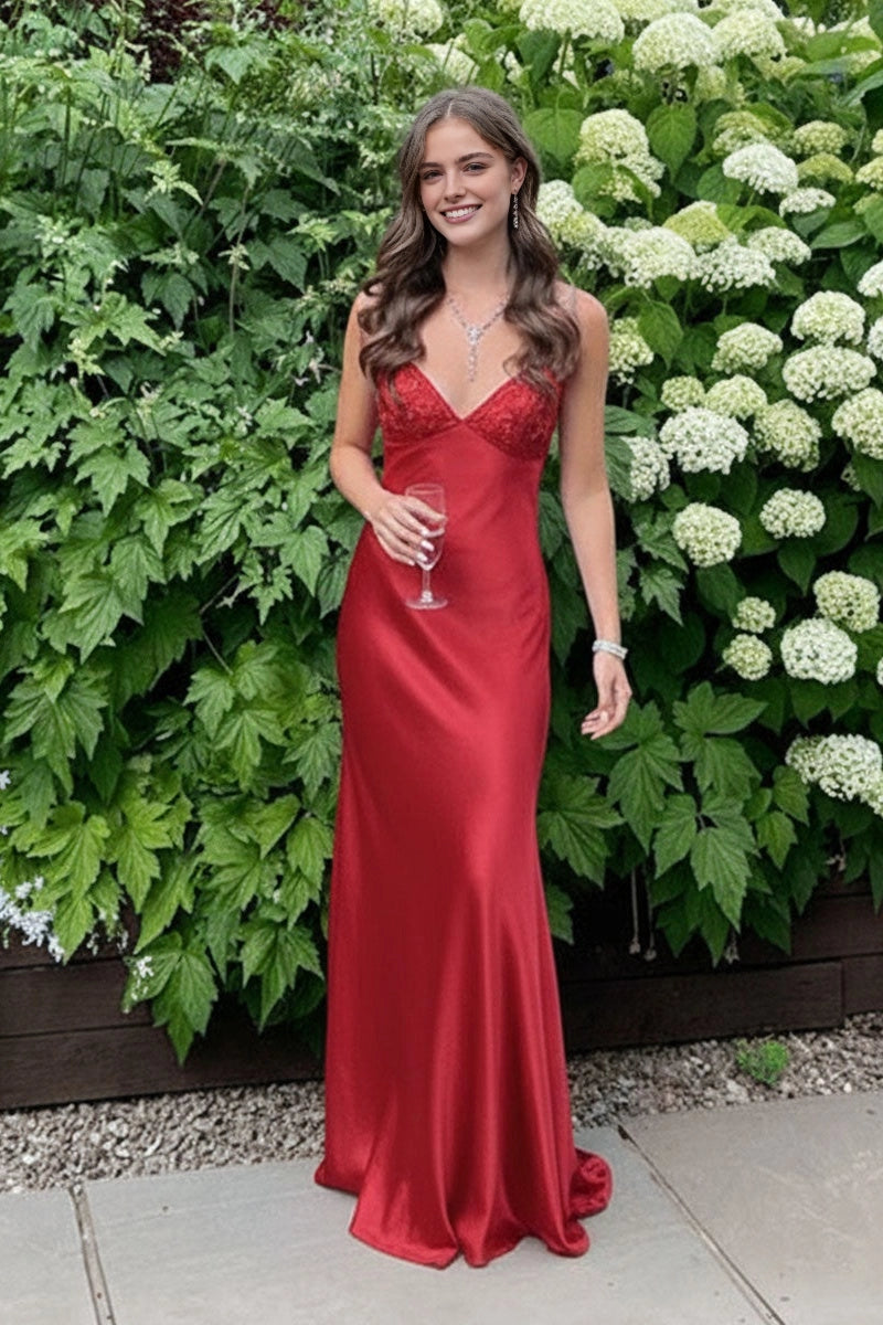 Flowy Slip‑fit V‑neck Spaghetti‑strap Tie‑back Floor‑length Prom Dress