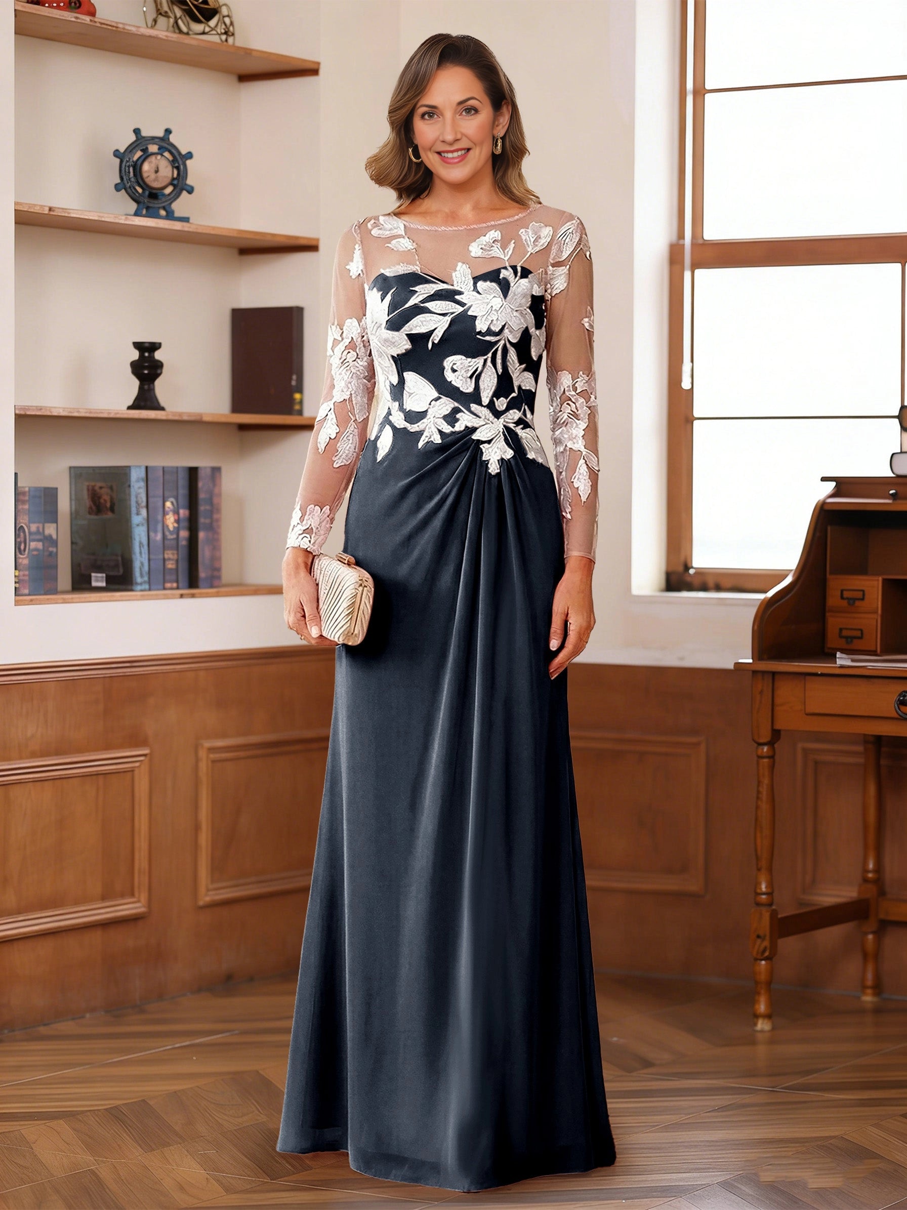 Elegant A Line Round Neck Long Sleeve Button Back Floor Length Mother Of The Bride Dress