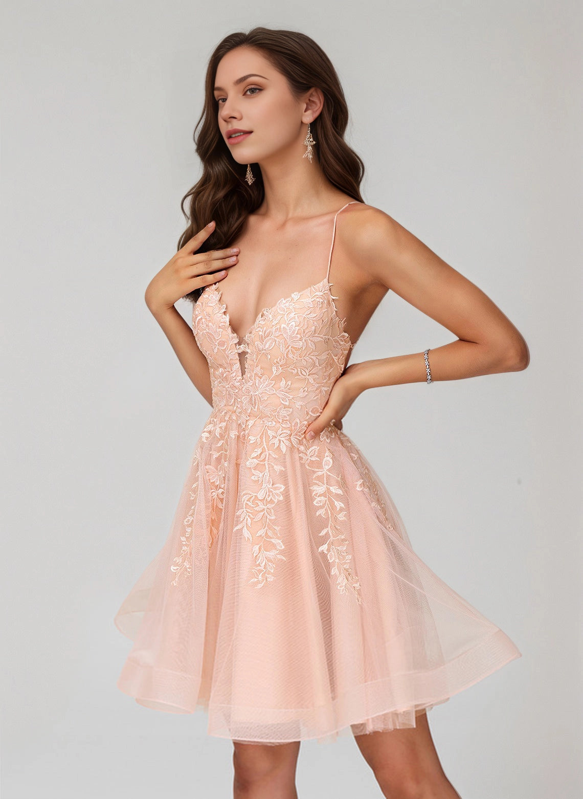 Lace Tulle Crisscross Back Spaghetti V Neck Flared Mini Homecoming Dress