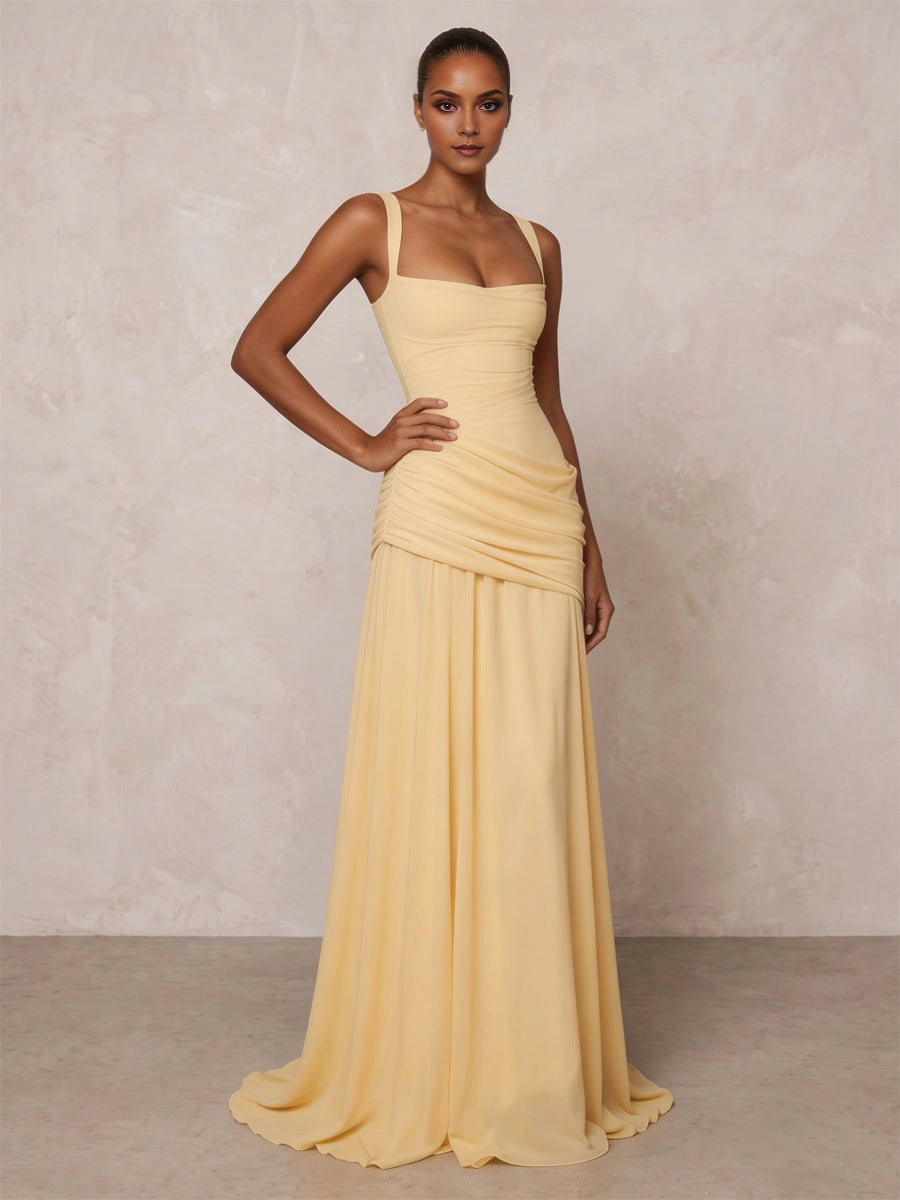 Graceful A‑Line Square‑Neck Sleeveless Crisscross‑Back Floor‑Length Bridesmaid Prom Dress