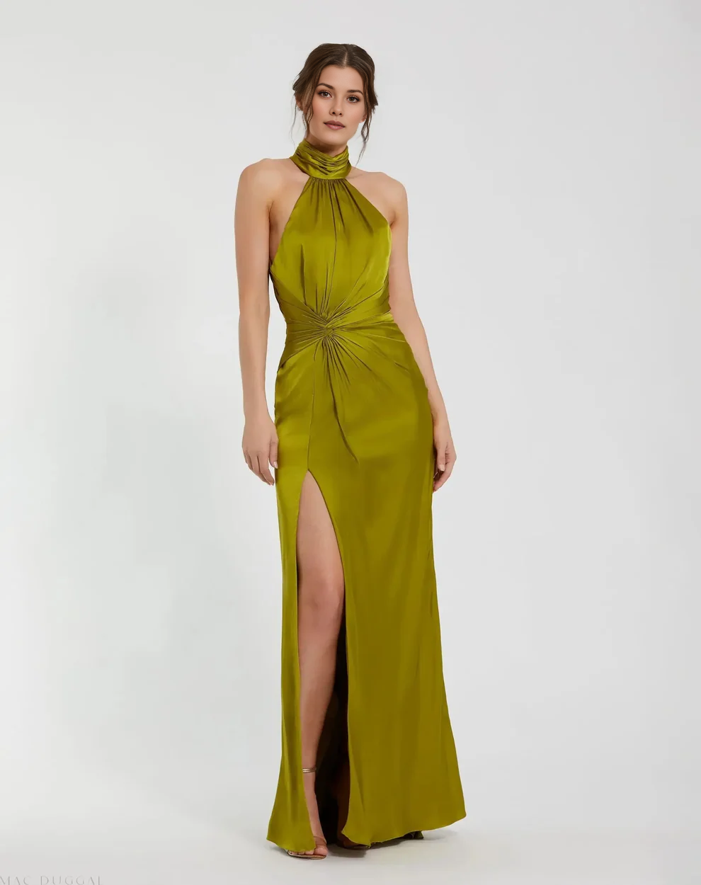 Halter Neck Twist Waist Satin Gown with Open Back & High Slit