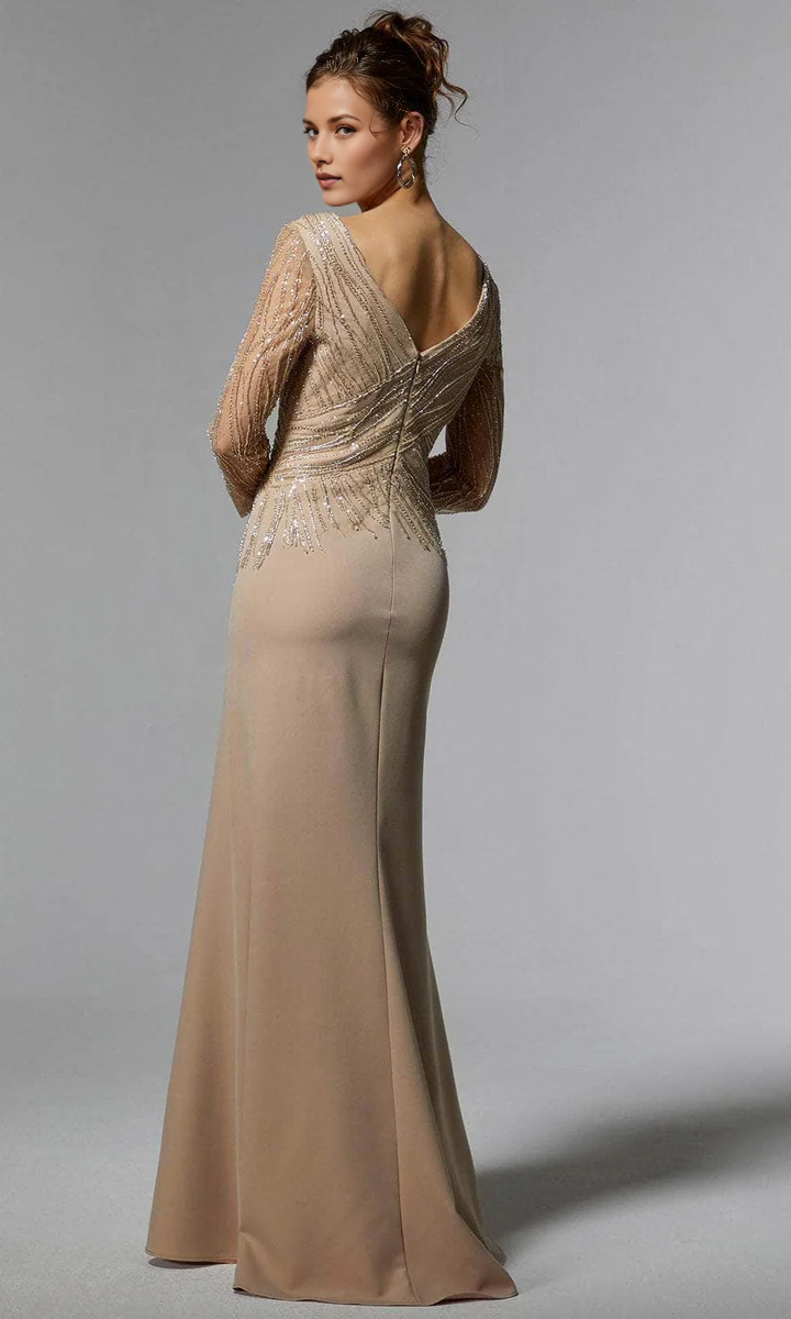 Beaded Mermaid Evening Gown - 3/4  Sleeve V-Neck Floor-Length Formal Dress