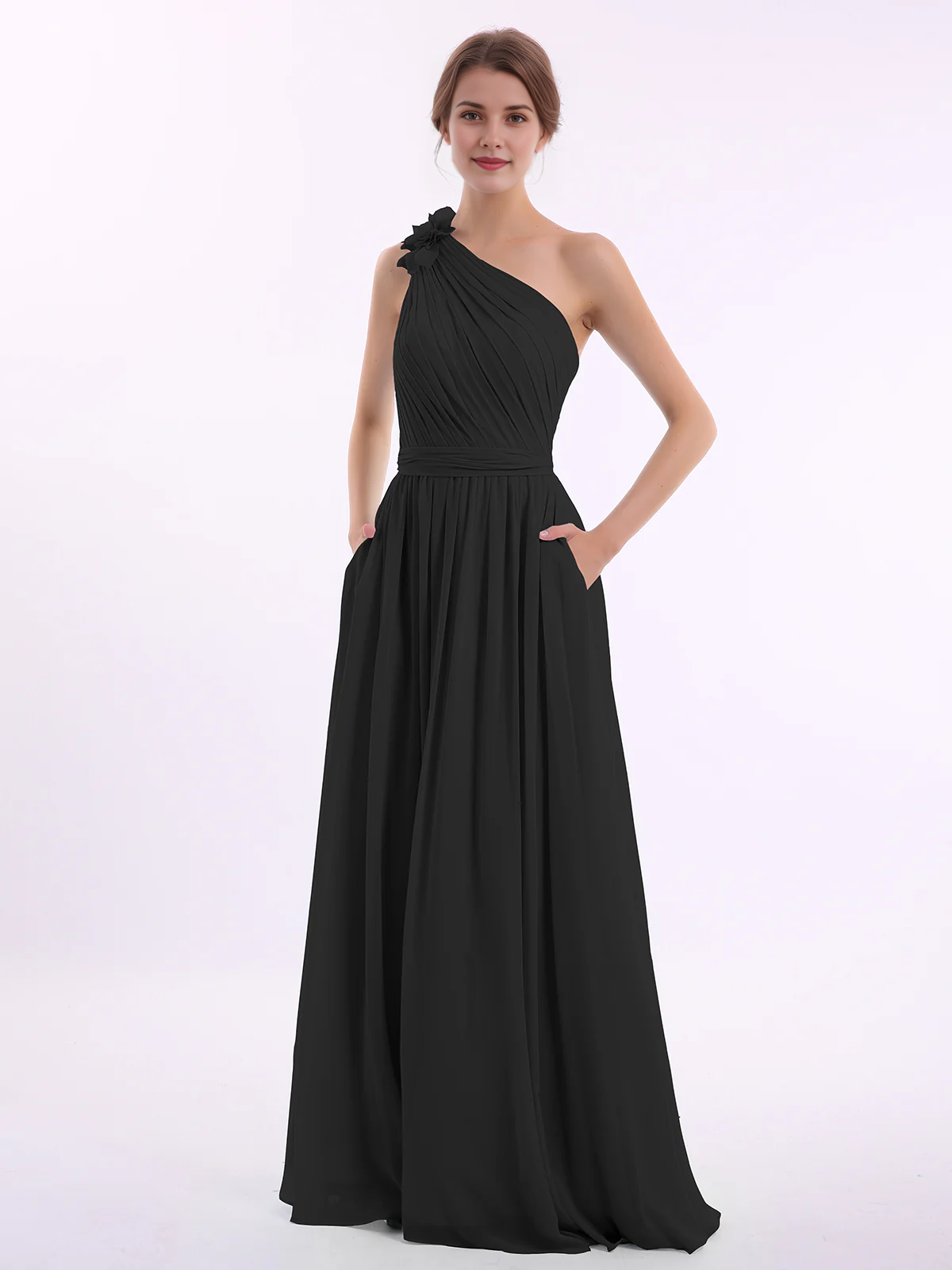 One Shoulder 3D Flower Ruched Chiffon Bridesmaid Maxi Dress with Pockets & Open Back Sash