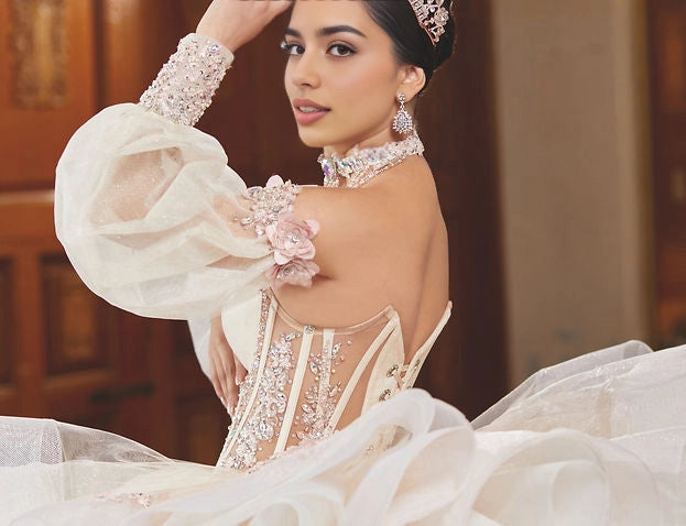 Floral Ball Gown Sweetheart Puff Sleeve Corset Big Bow Train Quinceañera Dress