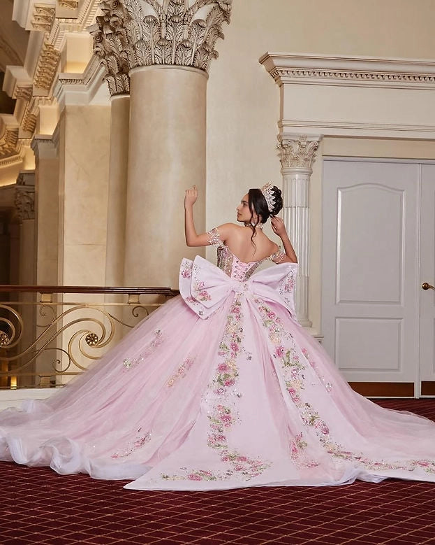 Ball Gown Off Shoulder Corset Back Floral Big Bow Quinceañera Dress