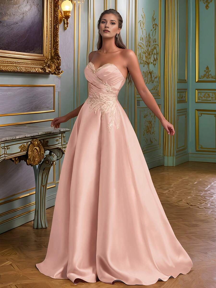 Strapless Sweetheart Neckline Satin Prom Dress - Lace Embellished A-Line Evening Gown with Side Slit