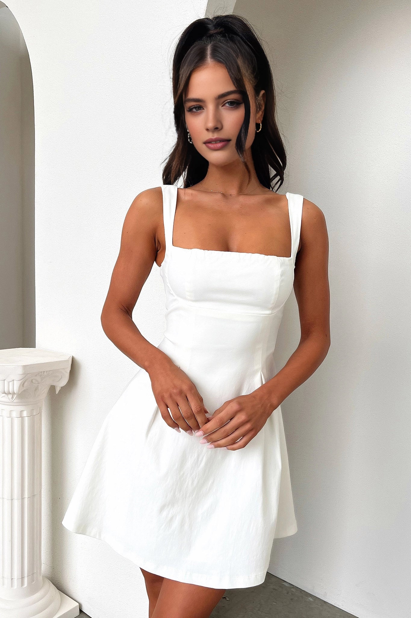 White A-Line Square Neck Sleeveless Bow Back Mini Homecoming Dress