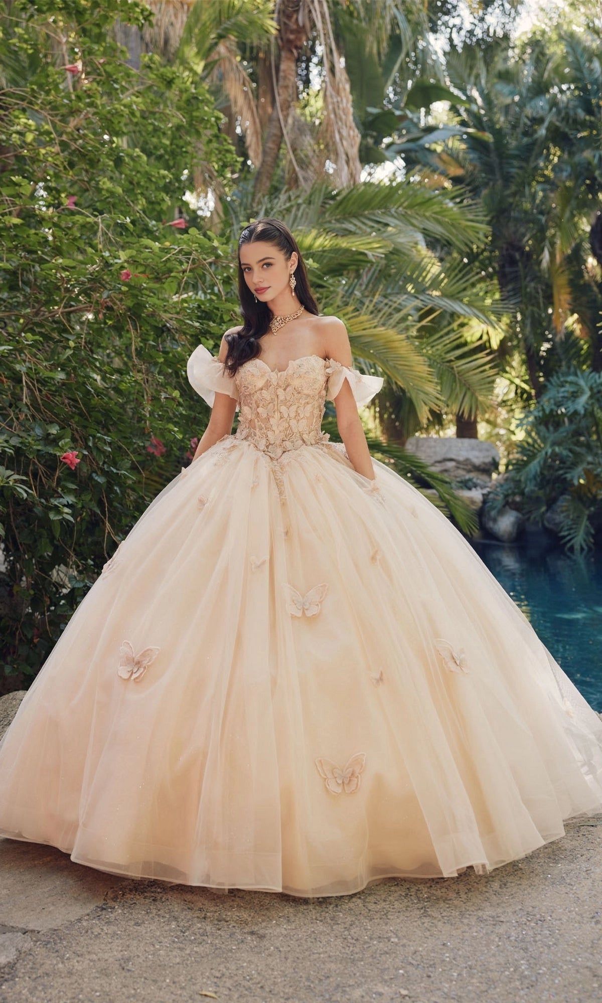 Dreamy Ball Gown Off‑The‑Shoulder 3D Butterfly Lace‑Up Back Court Train Quinceanera Dress