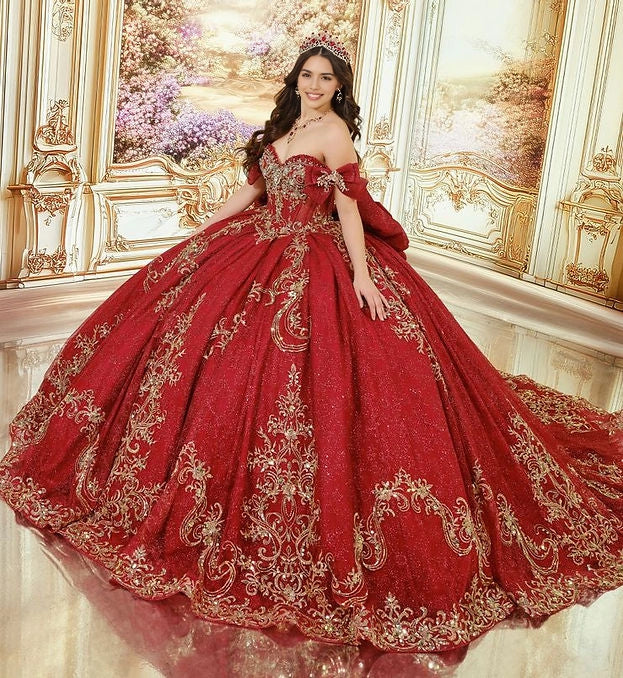 Ball Gown Sweetheart Off Shoulder Bow Back Train Quinceañera Dress