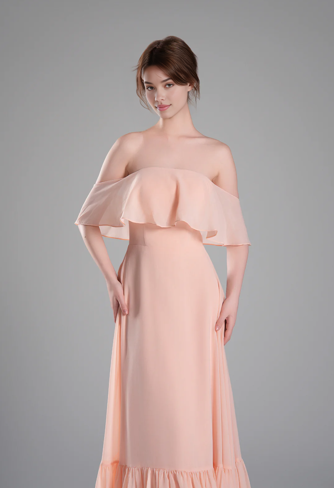 Elegant Tiered A-Line Chiffon Off-The-Shoulder Short Sleeve Open Back Bridesmaid Dresses
