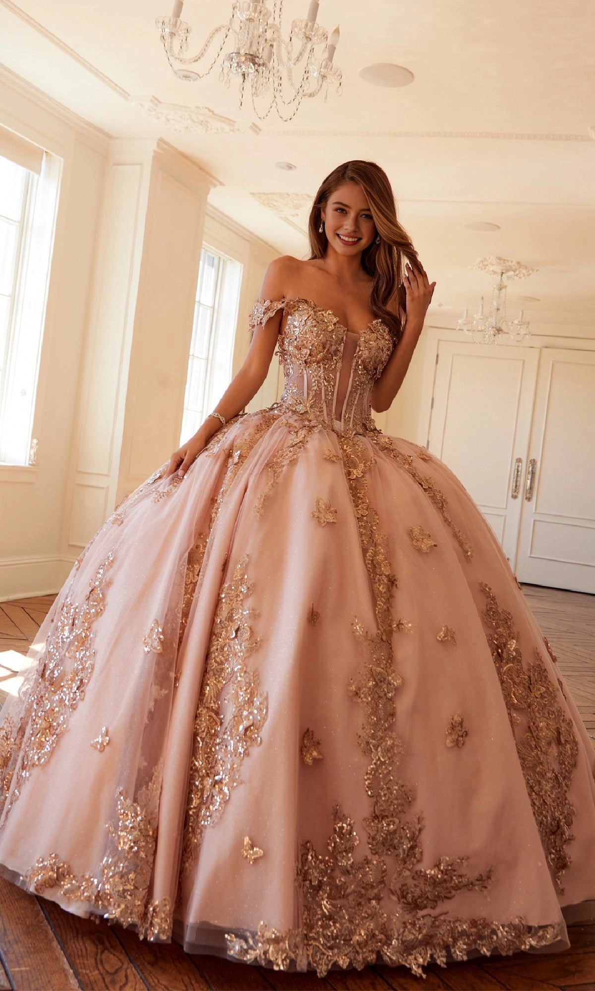 Elegant Ball Gown Off‑Shoulder Ruffle Sleeve Lace‑Up Back Court Train Quinceanera Dress