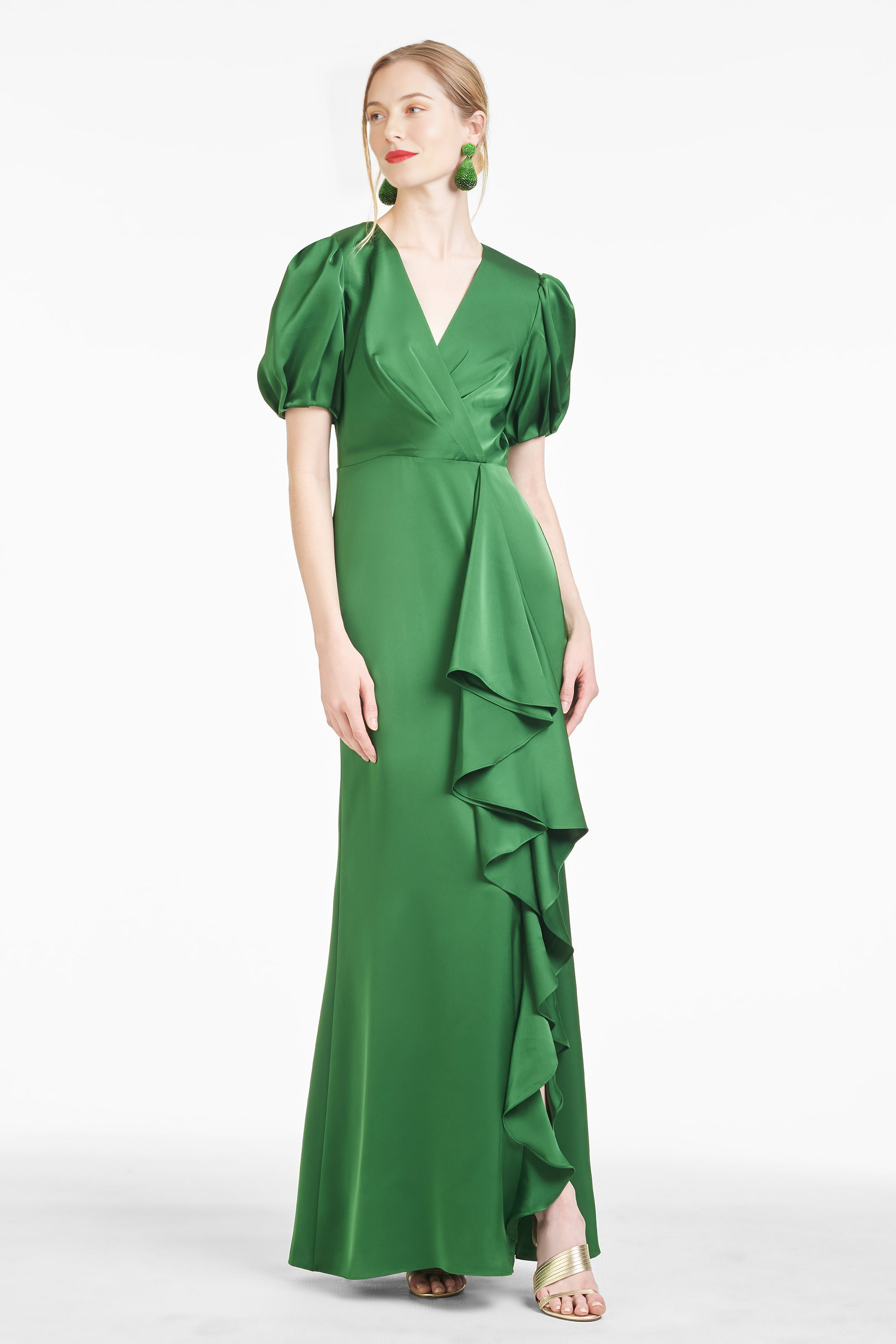Women's Elegant V-Neck Puff Sleeve Gown with Asymmetric Ruffle Detail