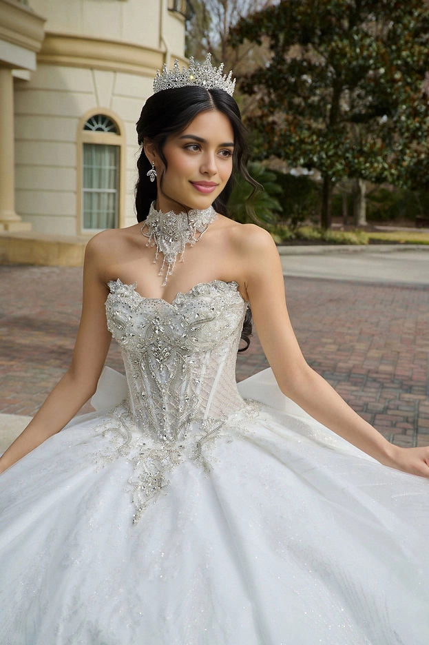 Ball Gown Off Shoulder Beaded Bow Long Train Quinceañera Dress