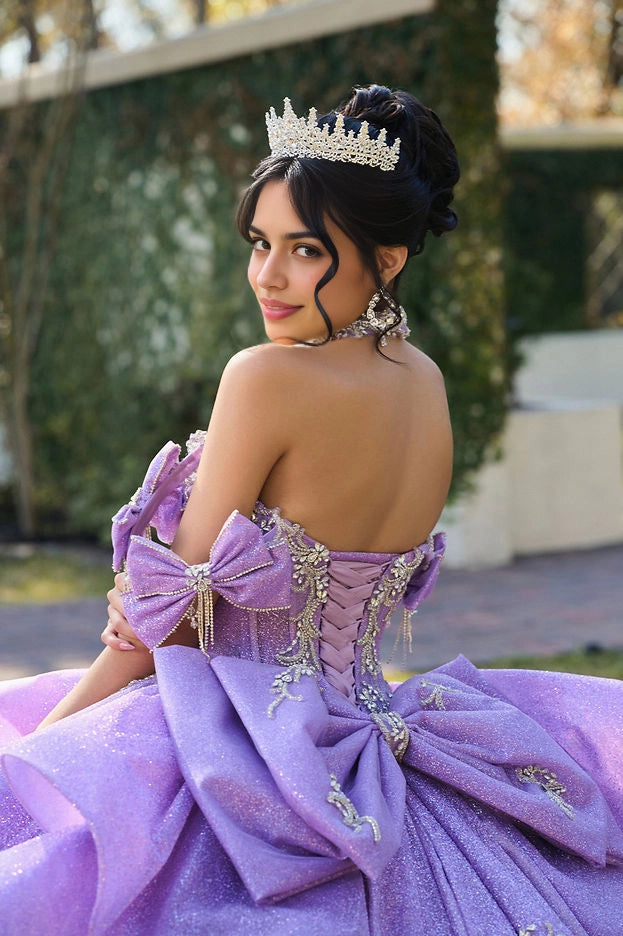 Ball Gown Sweetheart Off Shoulder Bow Ruffle Corset Quinceañera Dress
