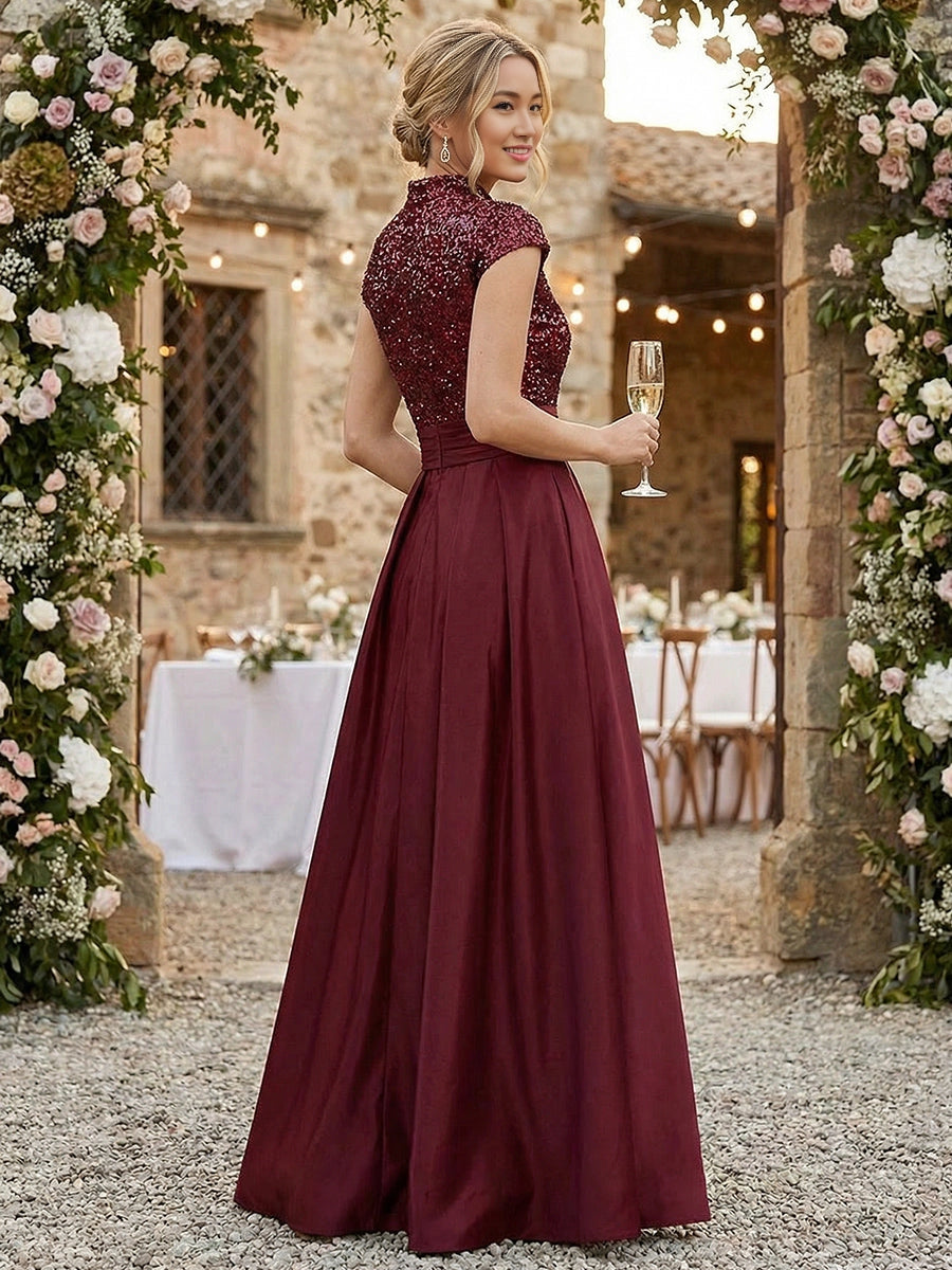 Luxury A-Line High-Neck Cap-Sleeve Zip-Back Floor-Length Plus Size Mother of the Bride Dress
