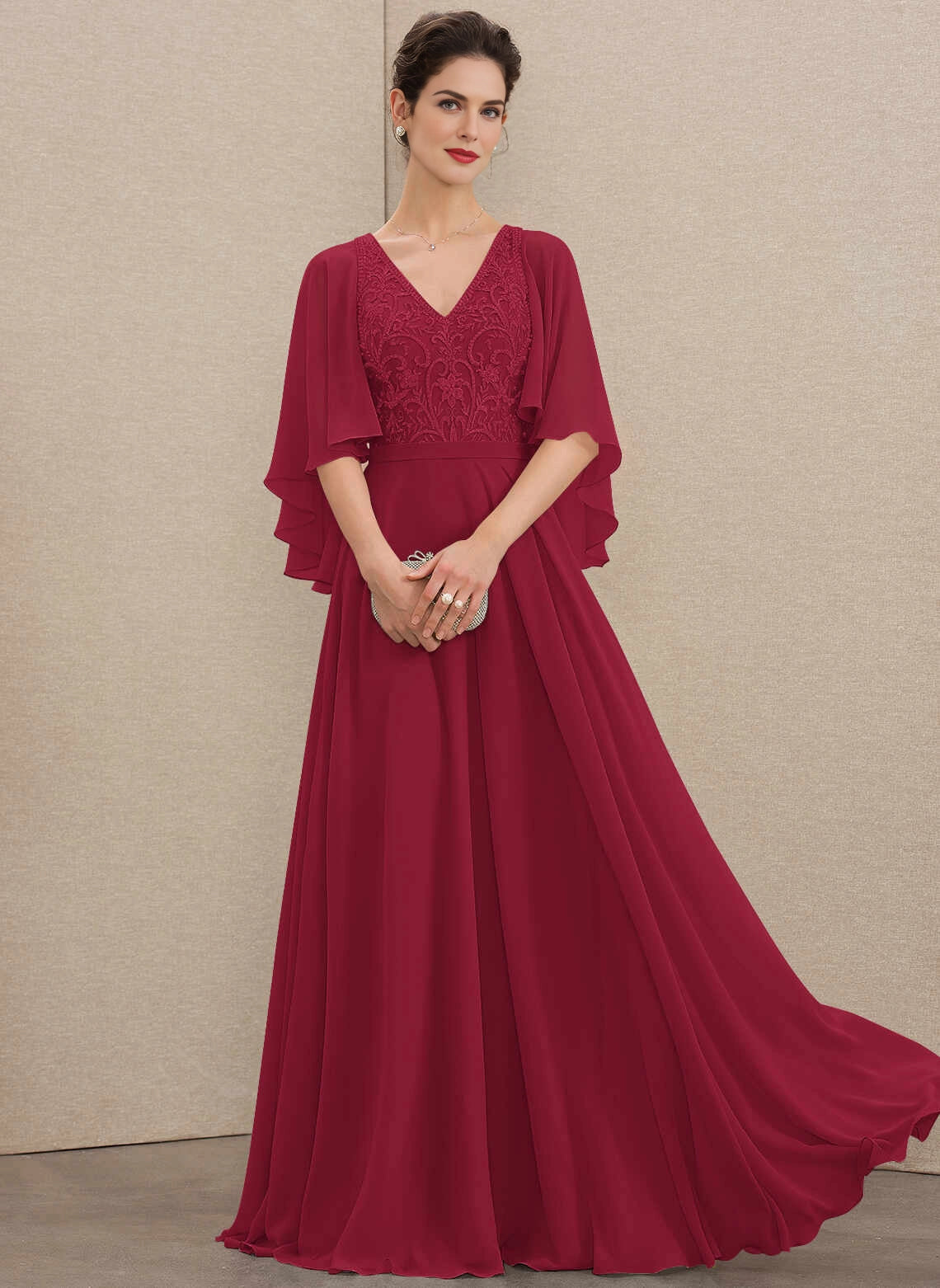 Flowy A‑Line V‑Neck Cape Sleeve Zipper Back Floor‑Length Mother Of The Bride Dress