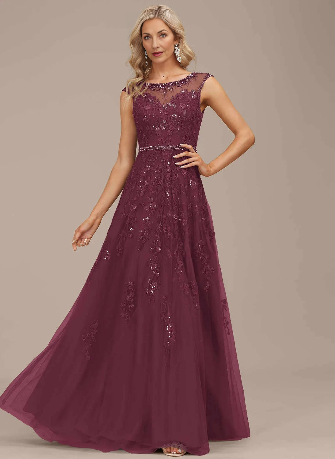 Glamorous A‑Line Illusion Neck Sleeveless Beaded Tulle Mother Of The Bride Dress