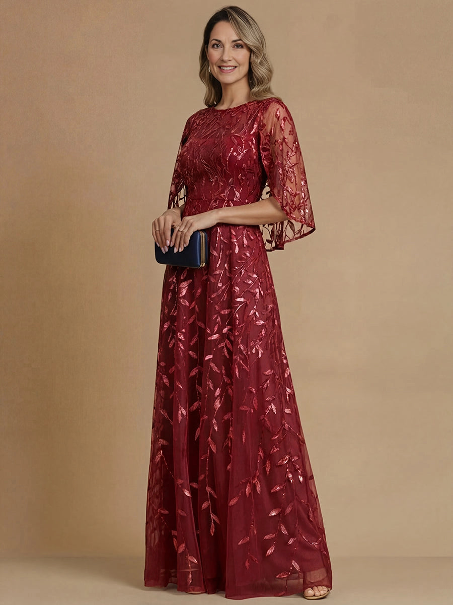 Elegant A‑Line Round‑Neck Cape‑Sleeve Cowl‑Back Long Mother‑of‑the‑Bride Dress