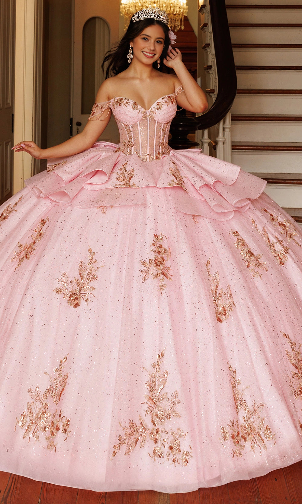 Ball Gown Off‑Shoulder Sweetheart Corset Back Layered Long Train Quinceanera Dress